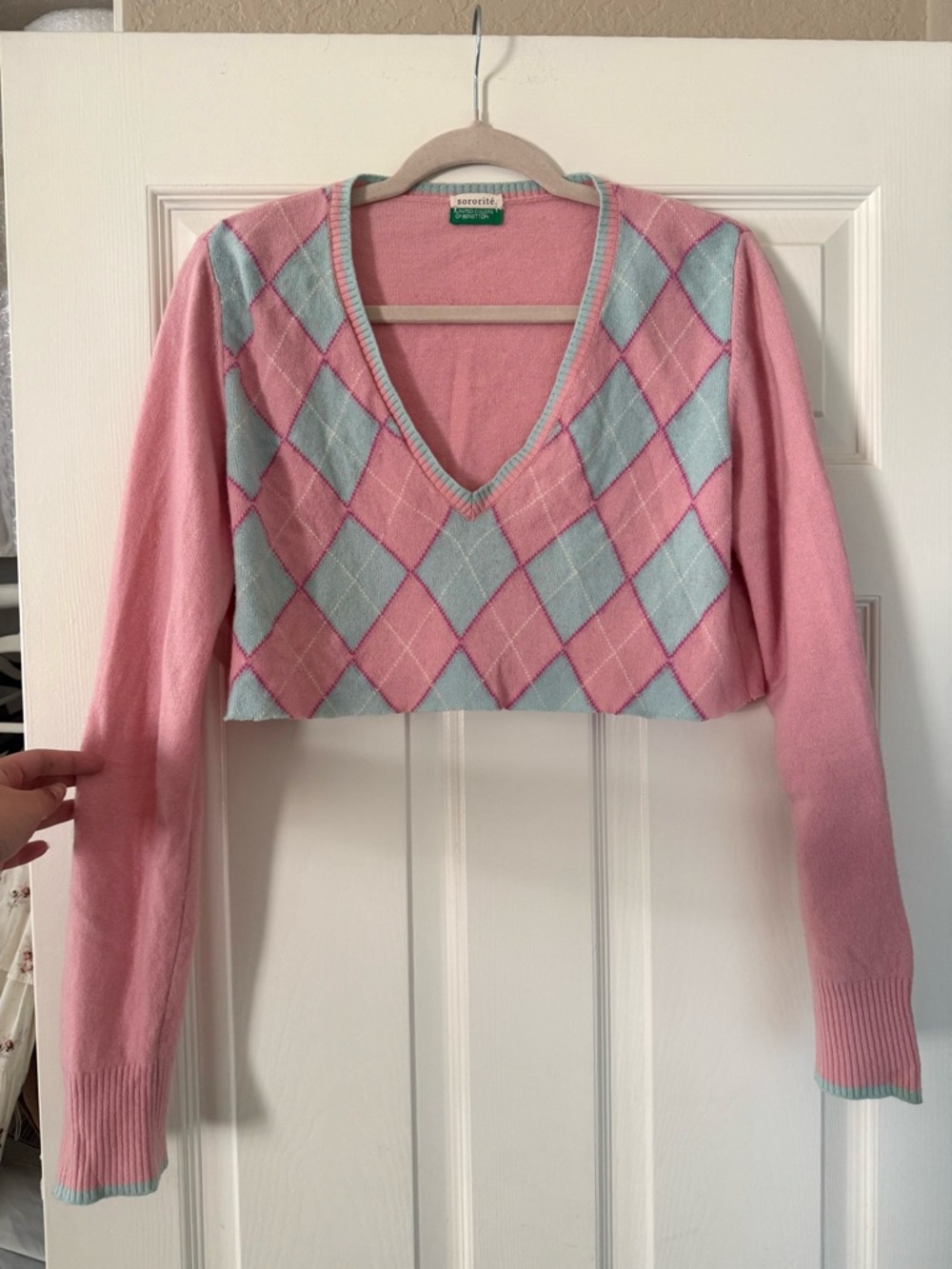 Sororite Vintage United Colors of Benetton Pink & Blue Argyle Crop Sweater Top